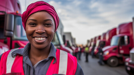 Wall Mural - young adult woman is truck driver mini job work and profession, logistics and transport in road traffic, transport