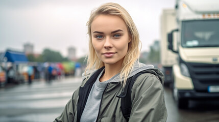 Wall Mural - young adult woman is truck driver mini job work and profession, logistics and transport in road traffic, transport