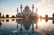 A digital art illustration of a mosque with the sun setting behind it Generative Ai