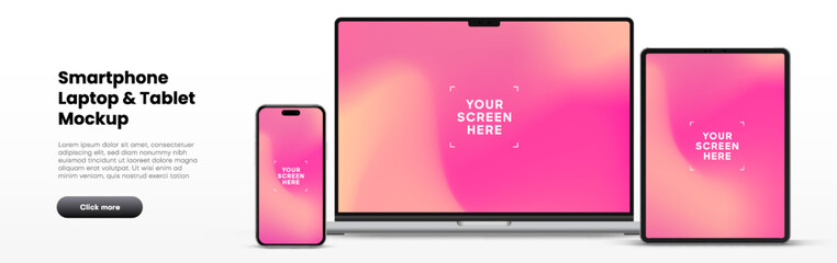 Aufkleber - Modern laptop mockup front view and high quality smartphone and tablet mockup isolated on white background. Notebook mockup and phone device mockup for ui ux app and website presentation.Stock Vector.