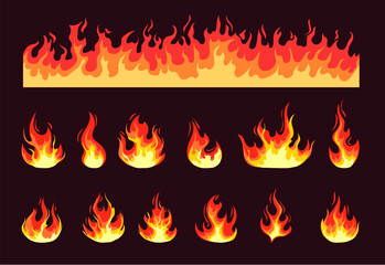 Wall Mural - Fire flame cartoon burn isolated set. Vector graphic design illustration