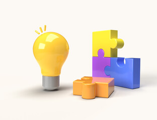 3D Puzzle pieces and Lightbulb on pastel background. Business success. Business Ideas and solutions. 3D rendering.