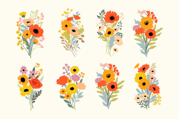 Wall Mural - Bright summer floral bouquets set