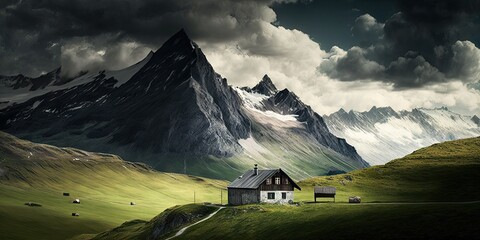 Wall Mural - Switzerland high Alps mountains clouds serene majestic. Generative AI AIG15.