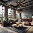 © Peter - Dark living room loft with fireplace, industrial style. Generative AI
