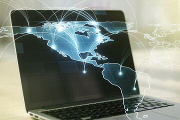 Wall Mural - double exposure of abstract digital world map with connections on computer background, big data and 