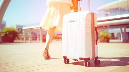 young adult woman wearing summer dress, short skirt, with suitcase on the way or arriving at the airport, sandals, summer light and sunshine, vacation trip and summer