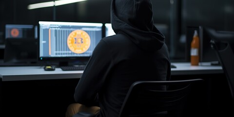 Bitcoin logo on the back of cybercriminal programmer hoodie sitting at a computer, concept of Digital currency adoption, created with Generative AI technology