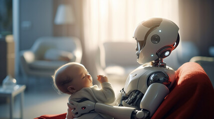 female robot or cyborg cares and takes care of a baby, mother or babysitter, technological body parts or upgrades, technology assisted.