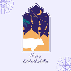 Wall Mural - islamic eid al adha sacrificial day greeting card with ornamental arabic frame with sacrificial cow