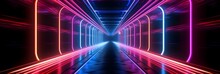 Illustration Of Neon Rainbow Tunnel. Level Design. Retro Wave. Retrofuturism Sci-fi Game Scene. Warp Tube. Generative Ai.