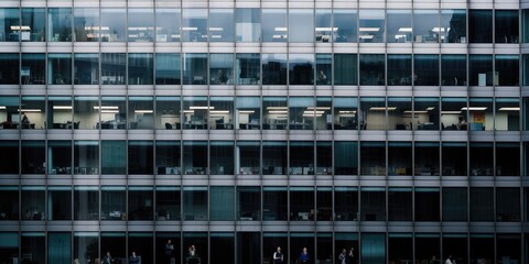 Outside view of office building many window with business people working inside. Generative AI AIG18.