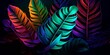 Dark green tropical leaves colorful neon light, backlight, leaves composition, plant background, manstera, palm leaves. Finest generative AI.