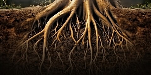 Tree roots in soil close up, underground texture, ai generated.