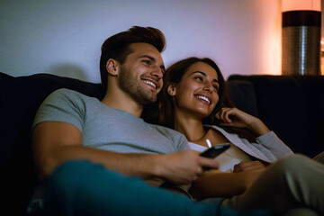 Candid image of a couple enjoying a romantic date night at home, comfortably watching television together and sharing love, generative ai