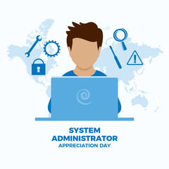 System Administrator Appreciation Day vector illustration. Male admin using laptop icon vector. Working man system administrator design element. Programming symbol icon set. Important day