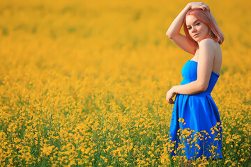 sunny season field yellow flowers attractive lady, beautiful springtime, nature female background