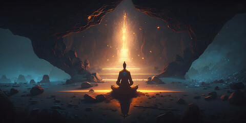 Wall Mural - astral yoga silhouette of human in cosmic space meditate. practicing transcendental spiritual medita