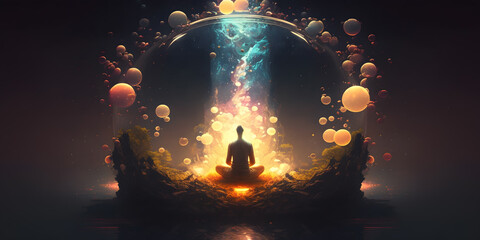 Wall Mural - astral yoga silhouette of human in cosmic space meditate. practicing transcendental spiritual medita