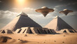 Egyptian pyramids as landing and takeoff platform for UFO. Concept Egypt and Aliens. Generation AI