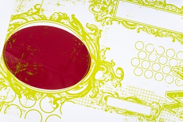 Poster - red paper oval and special scrapbook transparency film with decorative frames or borders