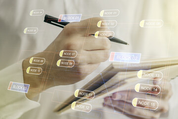 Double exposure of abstract programming language with man hand writing in notebook on background, research and development concept