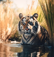 Wall Mural - A tiger appearing from shadows in tall grass to drink from a large pool of water, vertical