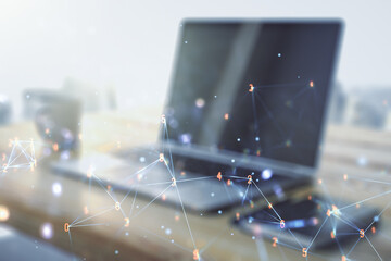 creative concept of wireless technology and modern desktop with computer on background. big data and