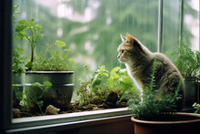 A Domestic Tabby Cat Looking At The Rain Outside From Within A Greenery