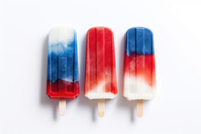 Three Fruit Colorful Popsicles In Blue, Red And White Colors. Top View, Minimal Image.  AI Generative