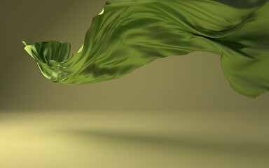 Elegant floating green textile in the air, fabric dynamic abstract background