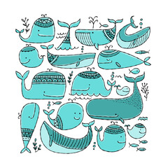 Poster - Funny wild whales family. Childish style, turquoise colors. Square frame for your design
