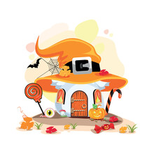 Happy Halloween Background With Witch House. House With A Roof In The Form Of An Orange Witch Hat In A Cartoon Style. Vector Illustration For Halloween Party Invitation, Poster Or Banner.