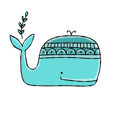 Poster - Funny wild whale character. Childish style icon, turquoise colors. Isolated on white for your design