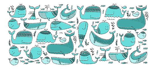 Poster - Funny wild whales family. Childish style, turquoise colors. Horizontal background for your design