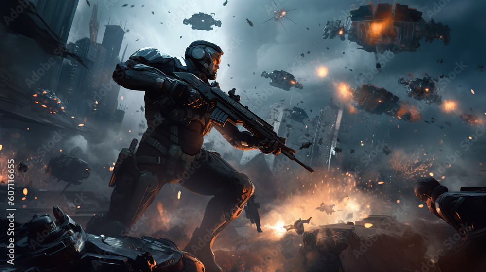 game characters. Action scene with soldiers in armor at war against ...