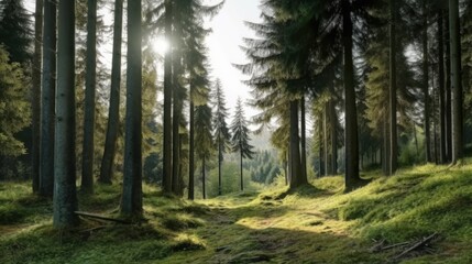 Naklejka na meble Forest with fir trees, moss and grass on the ground