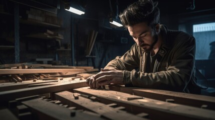 The man working with wooden planks in a workshop with determination. Generative AI AIG21.