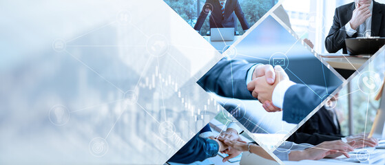Financial background of businessman handshake in teamwork concept, HR recruitment and outsourcing technology.