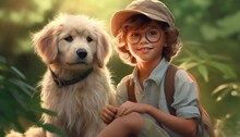 Happy Child Boy With His Beloved Dog Outdoors In Summer In Clear Weather, A Pet And Man's Best Friend. Generative AI