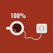 The concept of a coffee break to recharge with energy. A cup of coffee is plugged into an outlet. Flat vector illustration, eps10.