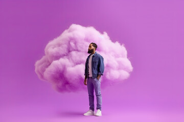 Miniature toy people figurine of thoughtful modern guy with beard stands near pink cloud on purple background, created with Generative AI