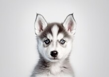 Portrait Of Small Cute Young Siberian Husky Baby With White Background