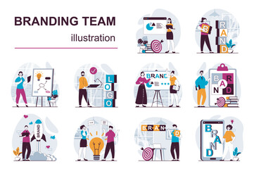 Poster - Branding team concept with character situations mega set. Bundle of scenes people launch brand, create logo and identity, making marketing promotional campaign. Vector illustrations in flat web design