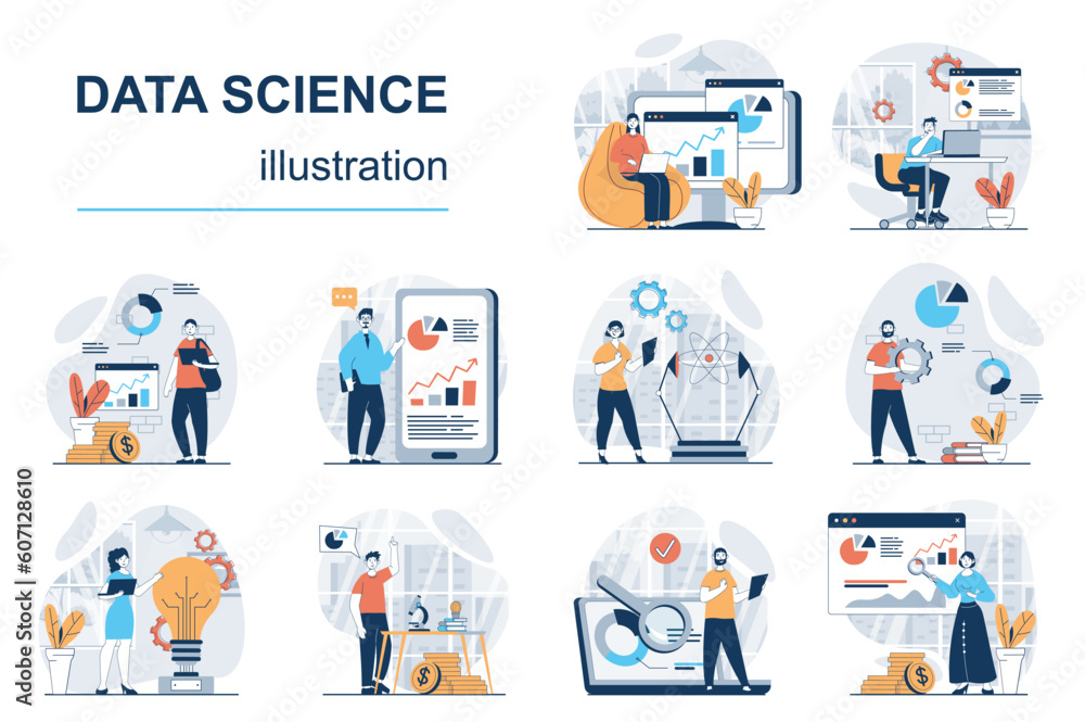 Data science concept with character situations mega set. Bundle of ...