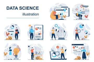 Data science concept with character situations mega set. Bundle of scenes people, making science research, working with datum charts, searching information. Vector illustrations in flat web design