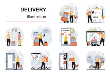 Aufkleber - Delivery service concept with character situations mega set. Bundle of scenes people loading boxes at warehouse, delivering parcels to clients, fast shipping. Vector illustrations in flat web design