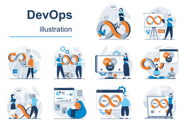 Leinwandbilder - DevOps concept with character situations mega set. Bundle of scenes people working on operations process, programming software, using agile project management. Vector illustrations in flat web design