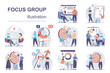 © alexdndz - Focus group concept with character situations mega set. Bundle of scenes people collecting data, analyzing market trends, creates targeting to promote business. Vector illustrations in flat web design