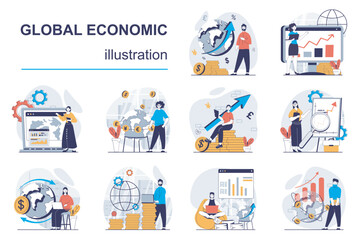 Fototapete - Global economic concept with character situations mega set. Bundle of scenes people analyzing worldwide market trends, making presentation, planning strategy. Vector illustrations in flat web design